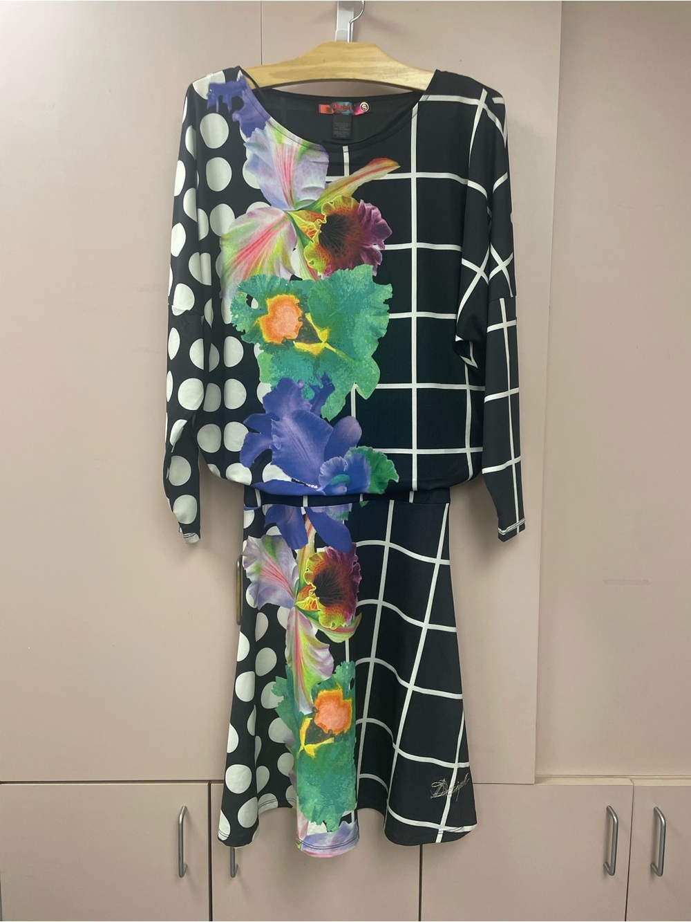 Desigual Mixed Print Floral Orchid Polka Dot Grid Dress Black S